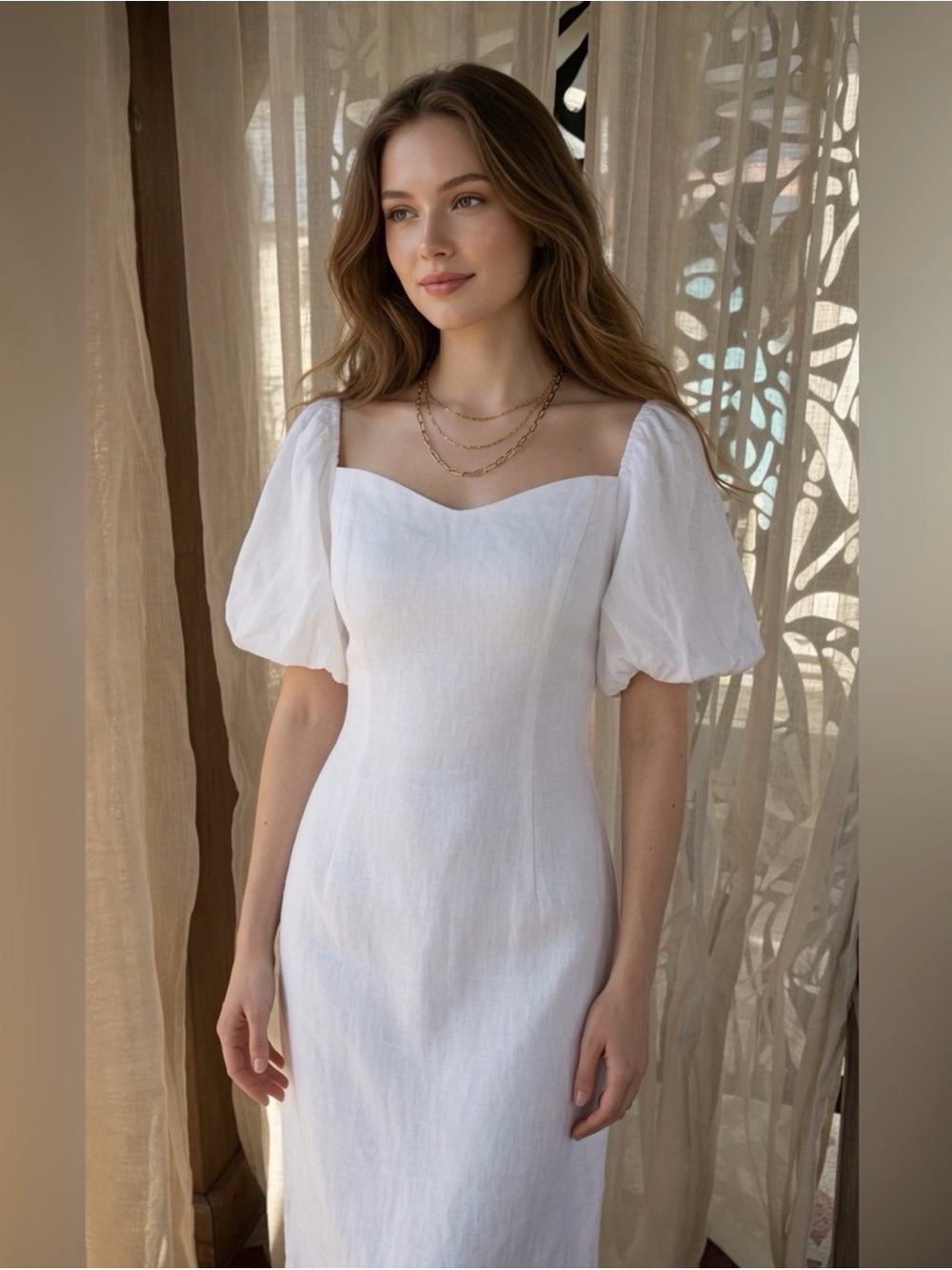 RHODE White Puff-Sleeve Midi Dress